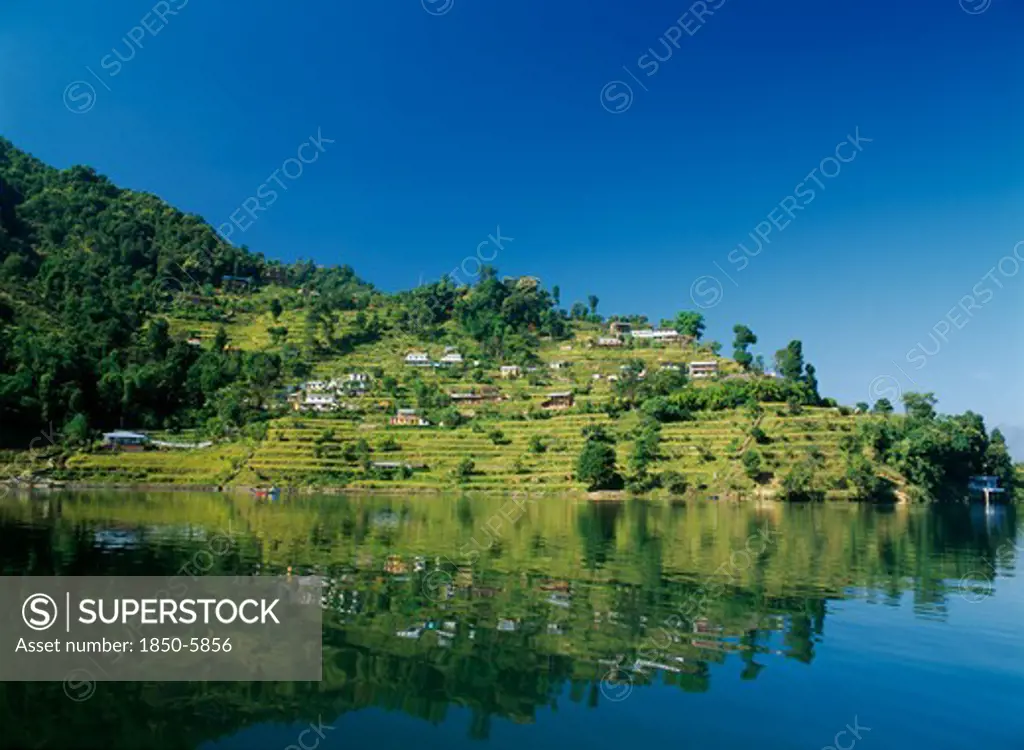 Nepal, Annapurna Region, Pokhara, View Over Lake Phewa With Reflected Terraced Hillside With Houses And Trees.