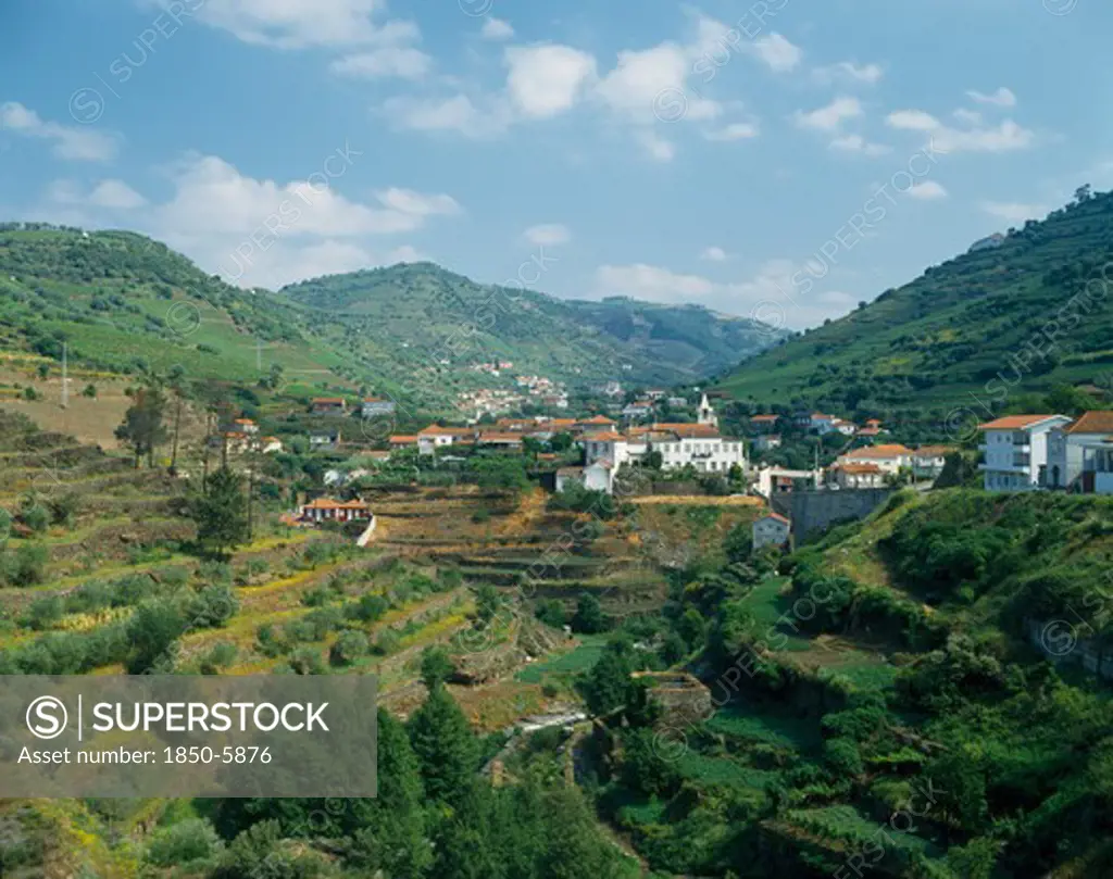 Portugal, Douro Valley, Santa Marta, View Over Terraced Hillside Towards White Painted Village With Tiled Rooftops.