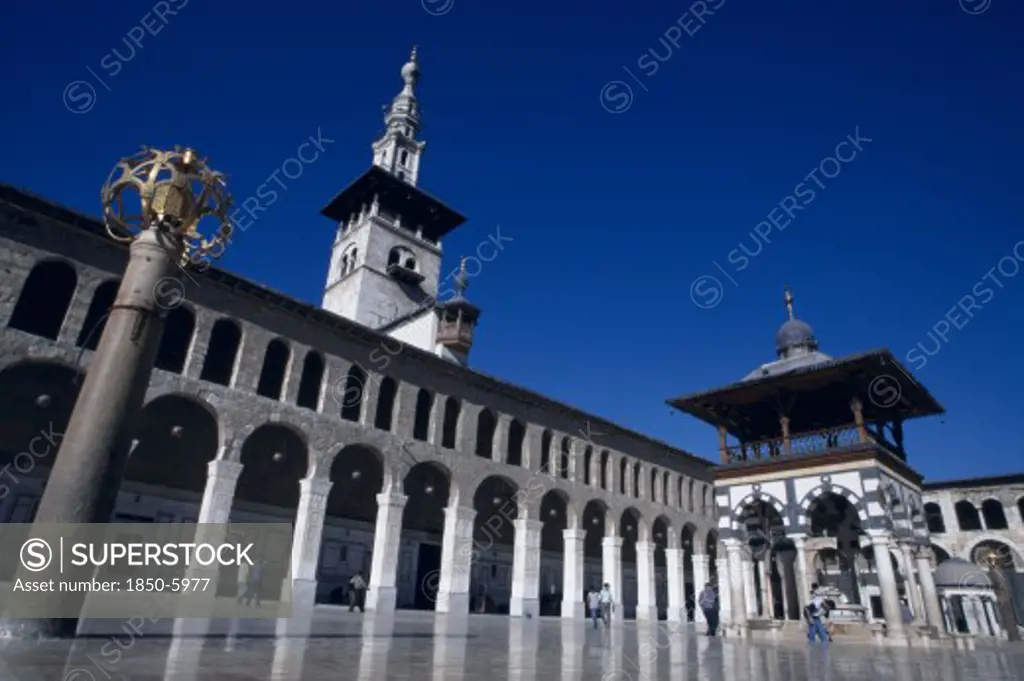 Syria, South, Damascus, 'The Umayyad Mosque.  Lantern Holder With Ablutions Fountain, Minaret Of The Bride And Arcade.'