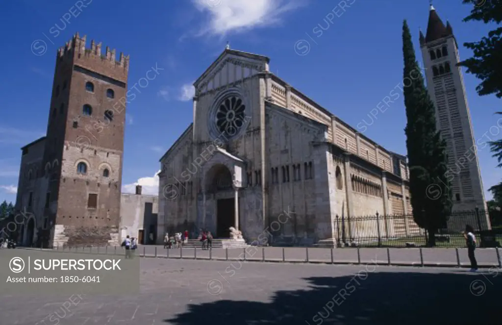 Italy, Veneto, Verona, 'Basilica Di San Zeno Maggiore, Exterior Between Bell Tower On The Right And Another, Crenellated Tower On The Left '