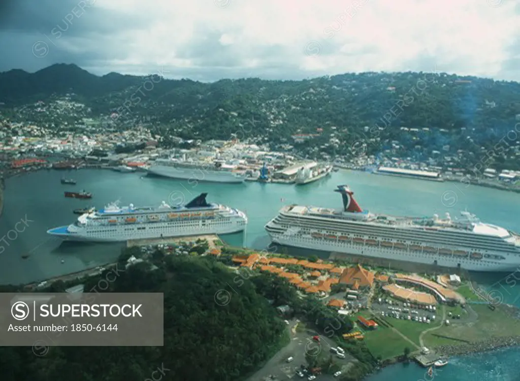 West Indies, St Lucia, Castries, View Over Town And Port Castries With Cruise Ships From Above.