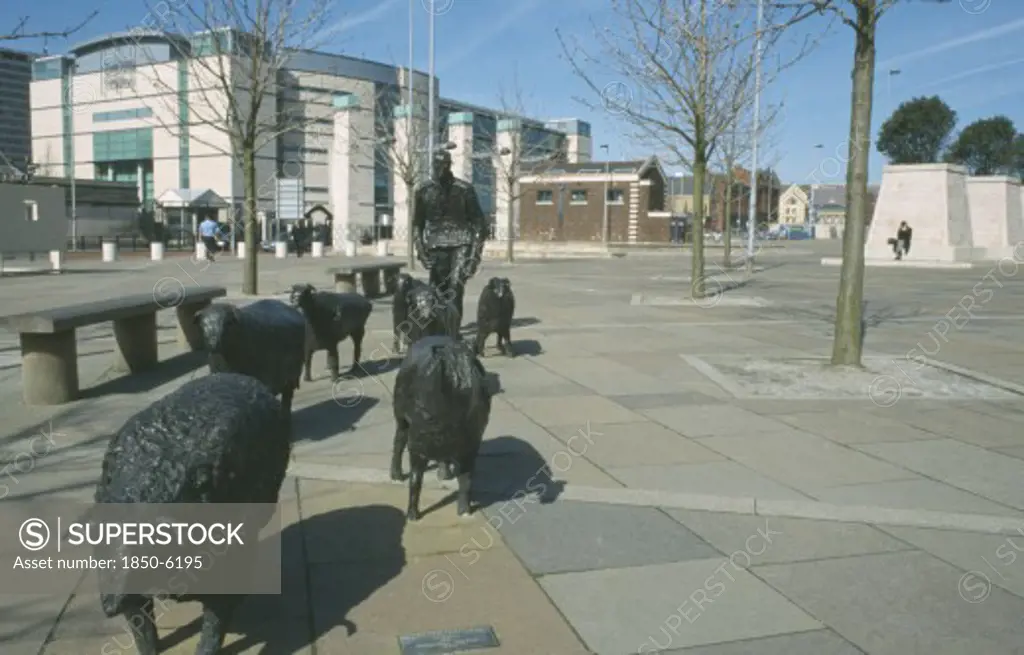 Ireland, North, Belfast, 'Shepherd And Sheep Sculpture By Artist Deborah Brown, In The Grounds Of The Waterfront Hall Lanyon Place'