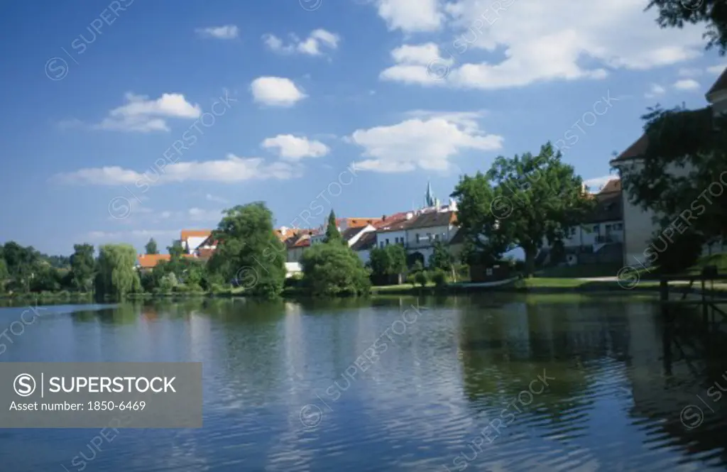 Czech Republic, South Moravia, Telc, View Over Ponds Surrounding The Town.