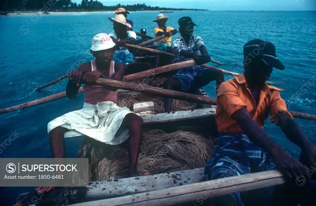 Sri Lanka, Industry, Fishing, Local Fishermen Laying Drag Nets From Small Rowing Boat