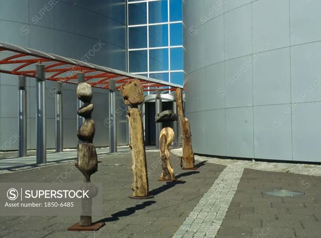 Iceland, Reykjavik, 'The Pearl. Entrance To The Thermal Heating Storage And Revolving Retaurant Complex, With Wooden Exhibition Pieces Lining The Walkway.'