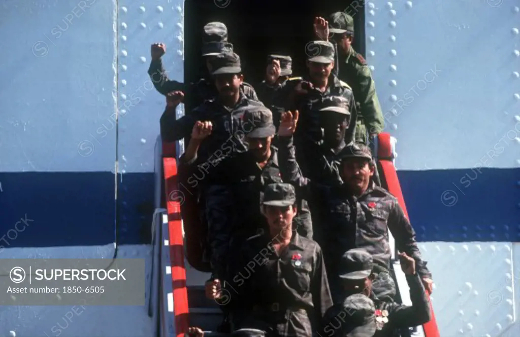 Cuba, Military, Waving Soldiers Returning From Angola Walking Down The Gangway From A Ship