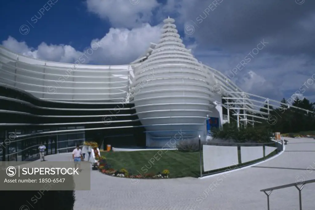 France, Poitiers, Planet Futuroscope, Le Parc Europeen De LImage. Virtual Reality Theme Park Exterior View Of Modern Architecture And Lawn