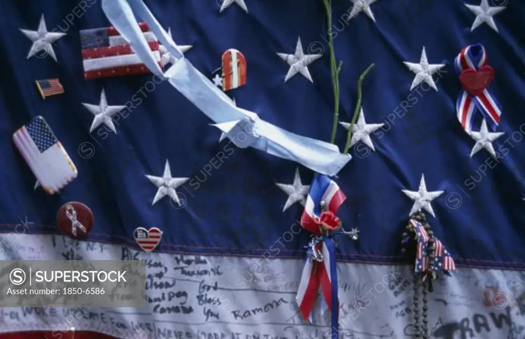 Usa, New York, New York City, Close Up Detail Of September 11Th Memorial With Decorated Stars And Stripes Flag