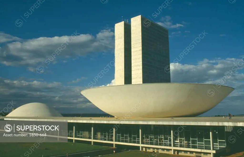 Brazil, Federal District, Brasilia, Palace Of National Congress. The Dishes House The Senate Chamber And House Of Deputies