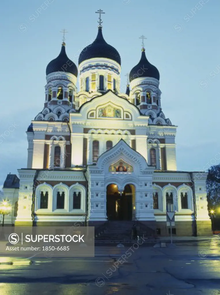 Estonia, Tallinn, Alexander Nevsky Cathedral Facade Illuminated At Dusk.