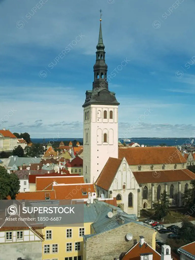 Estonia, Tallinn, View Over Fooftops Towards The Spire Of Niguliste Kirik Or Saint Nicholas Church From Kiek In De Kok Tower.