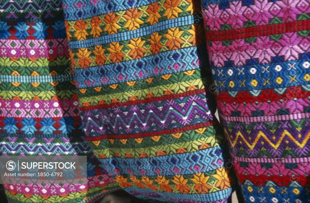 Mexico, Chiapas, San Cristobal De Las Caras, 'Close View Of Contrasting, Multi Coloured Pattern Textiles.'