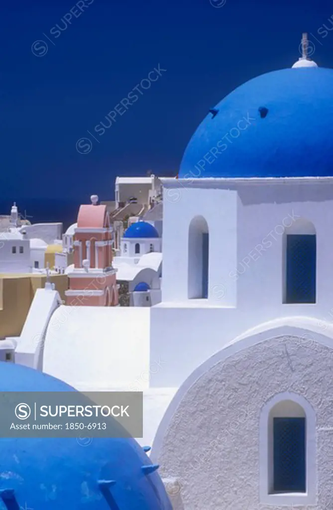Greece, Cyclades Islands, Santorini, Architectural Detail Of Blue And White Painted Churches.