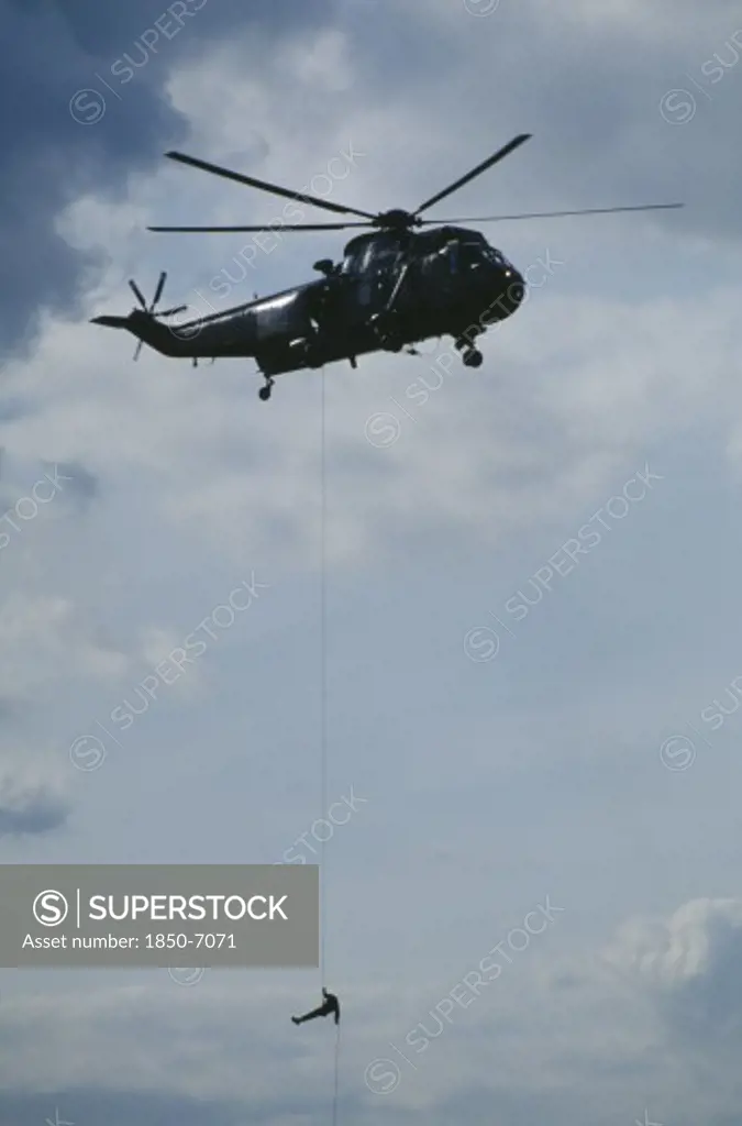 Transport, Air, Helicopter, Soldier Absailing From Sea King Helicopter