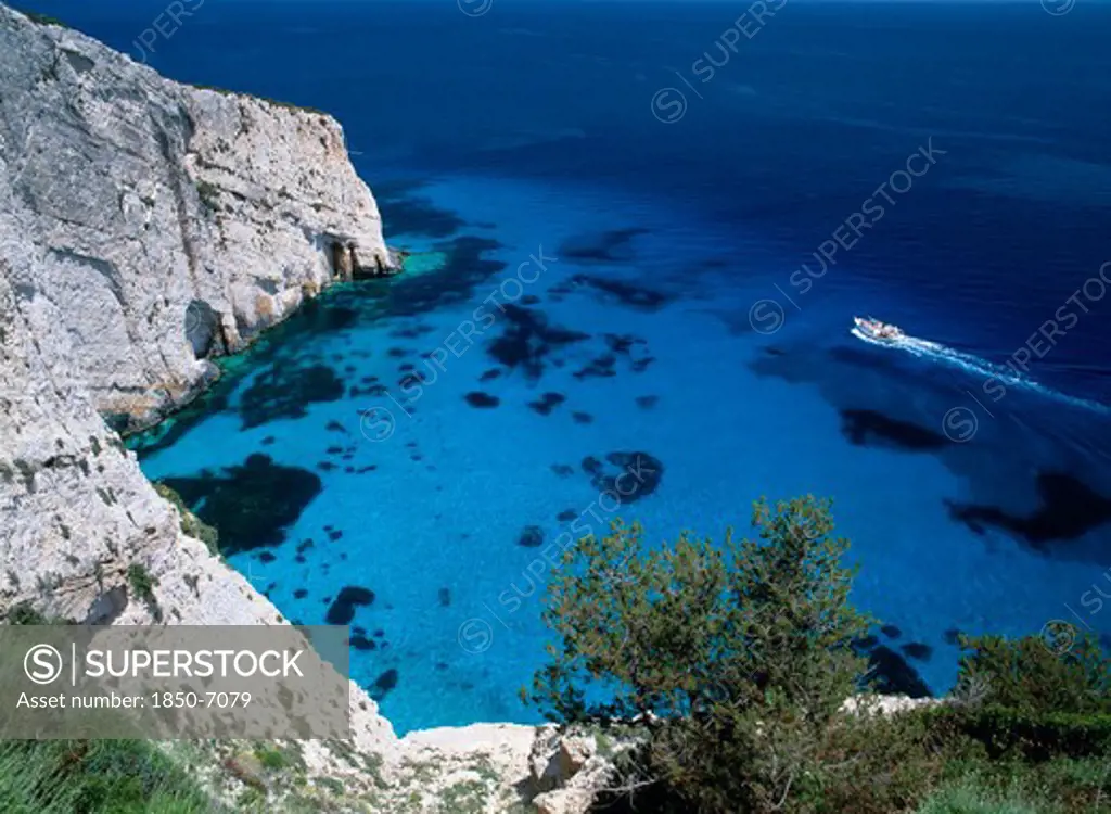 Greece, Ionian Islands, Zakynthos, New Blue Caves Near The Skinari Headland With Tourist Boat
