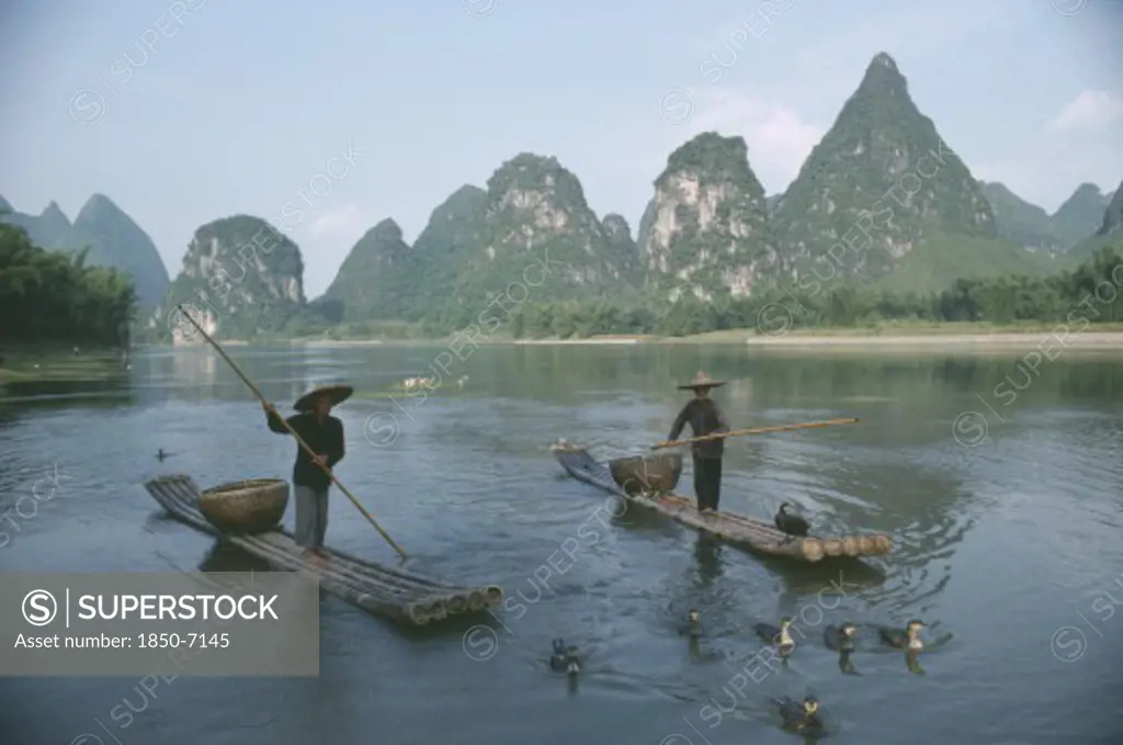 China, Guilin, River Li, Cormorant Fishermen On Narrow Rafts With Birds Swimming Ahead.