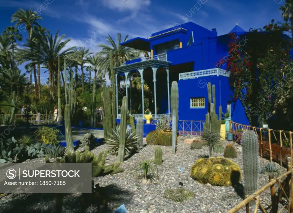 Morocco, Marrakech, Jardin Majorelle. Colbolt Blue Building Surrounded By A Garden Of Palm Trees And Cactus Plants.