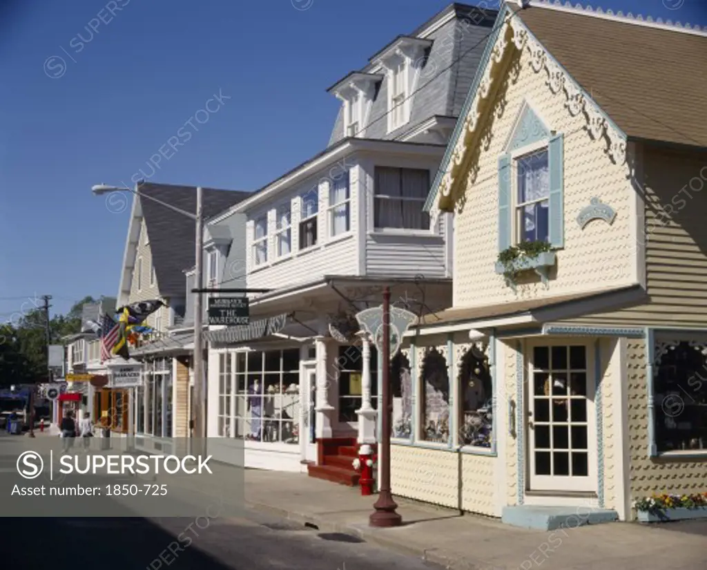 Usa, Massachusetts, Marthas Vineyard, Oak Bluffs Old Town Main Street With Weatherboard Shops