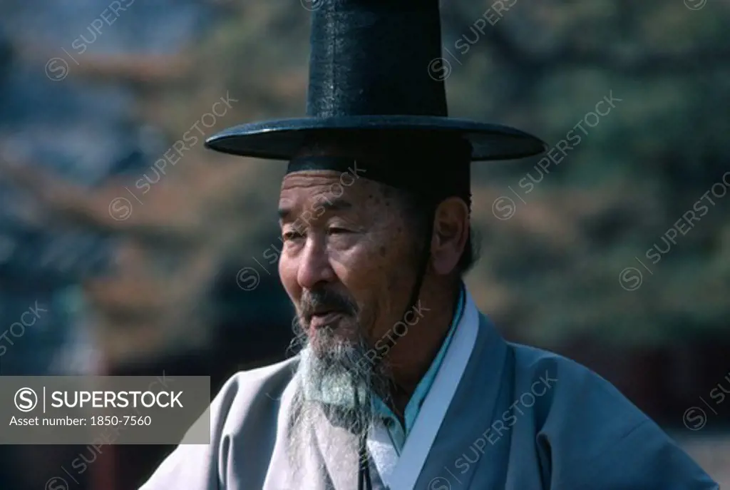 South Korea, Seoul, 'Elderly Male Follower Of Confucius Wearing Traditional Dress At Ceremony, Portrait.'