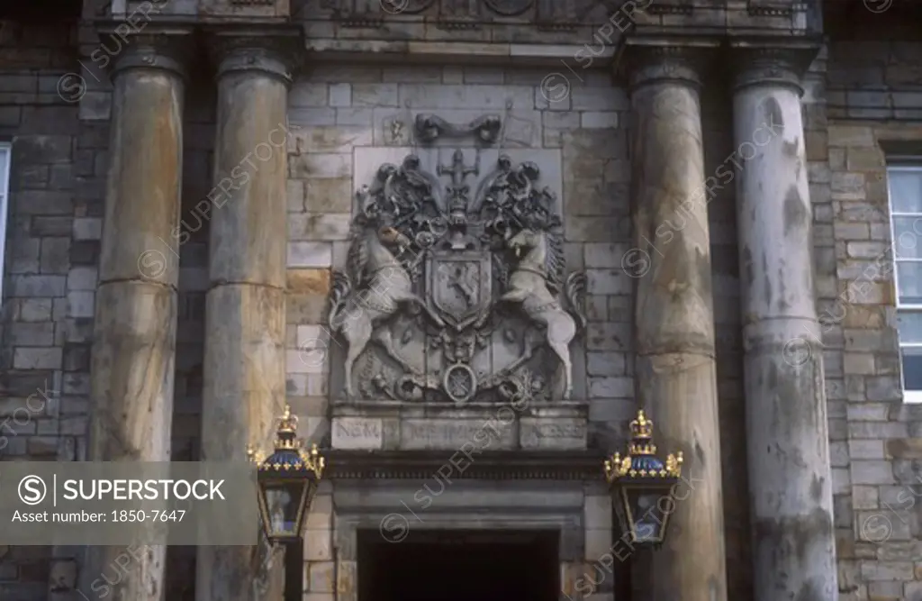 Scotland, Lothian, Edinburgh, Holyrood Palace With Royal Crest Above The Entrance