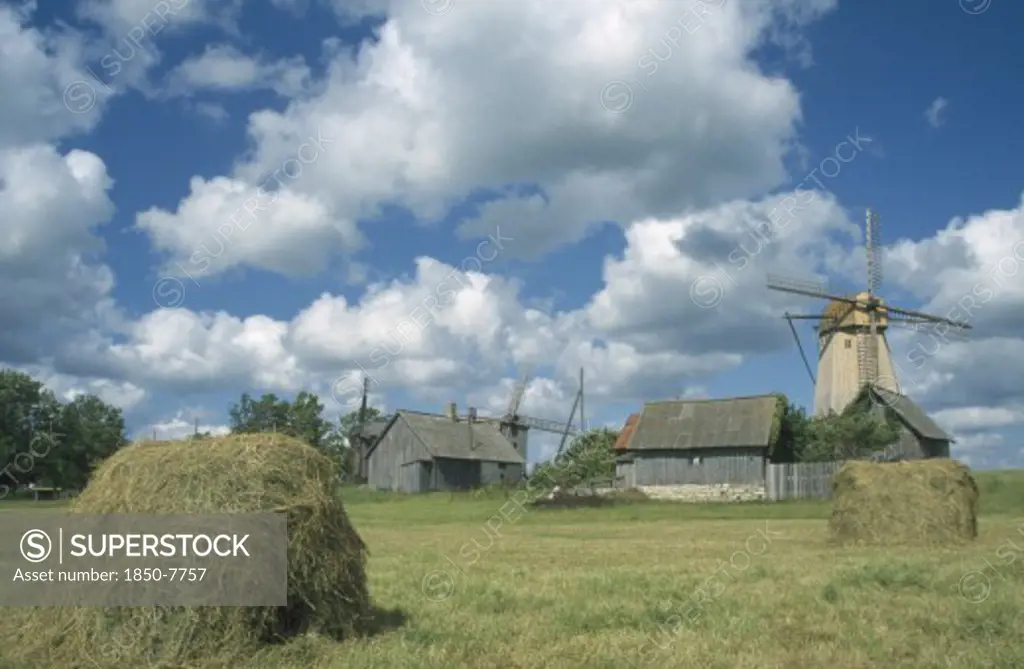 Estonia, Saaremaa Island, Farm Buildings Haystack And Windmill