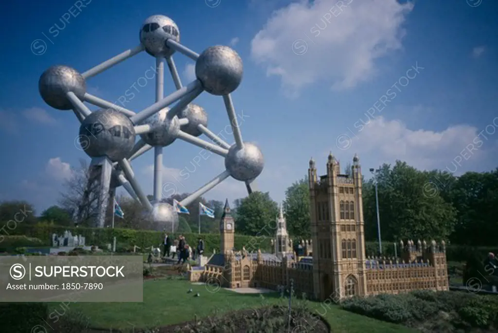 Belguim, Brabant, Brussels, Model Of Houses Of Parliament With Atomium Behind.