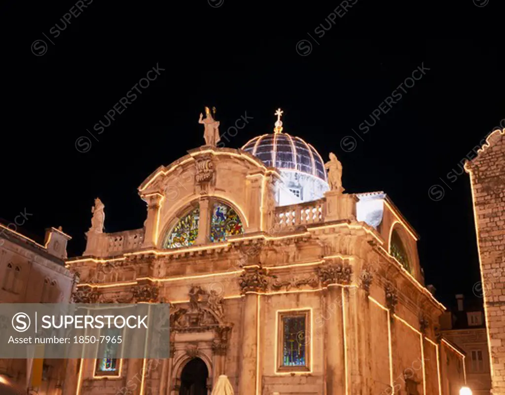 Croatia, Dalmatia, Dubrovnik, Church Of St Blaise Baroque Facade Illuminated At Dusk