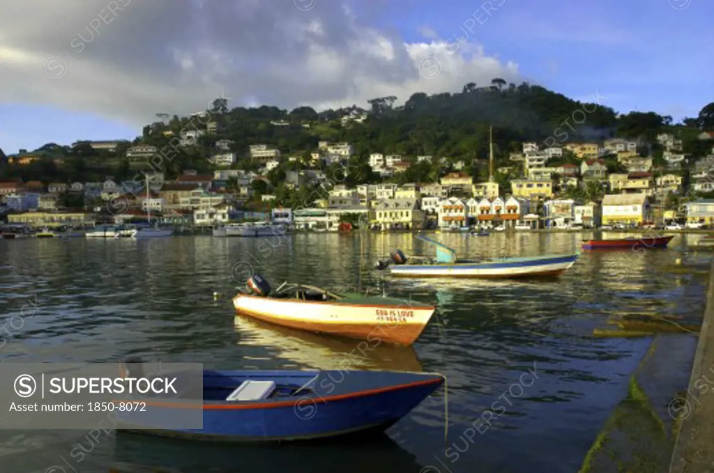 West Indies, St Vincent, View Over Moored Boats In Kingston Harbour Toward The Waterfront