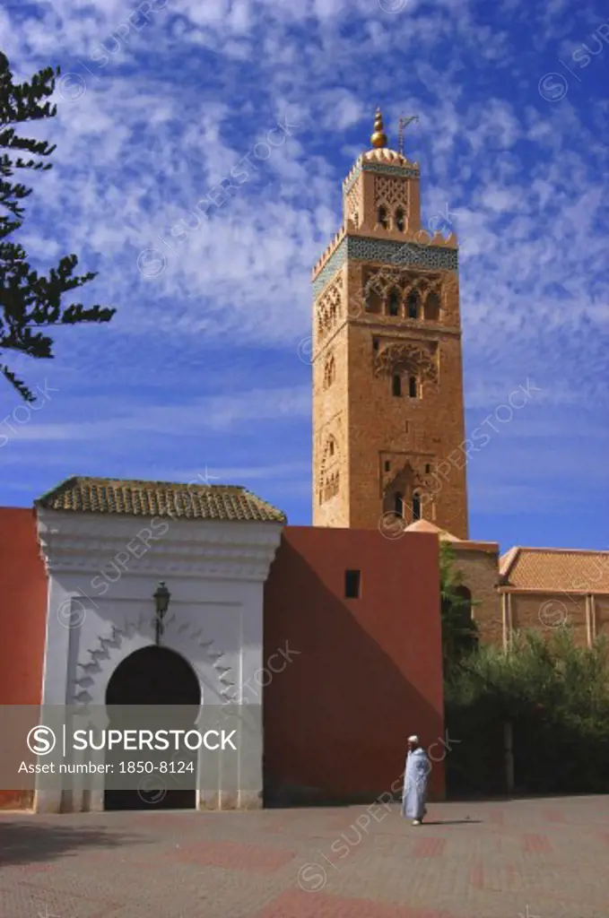 Morocco, Marrakech, Koutoubia Mosque Entrance Gate And Minaret