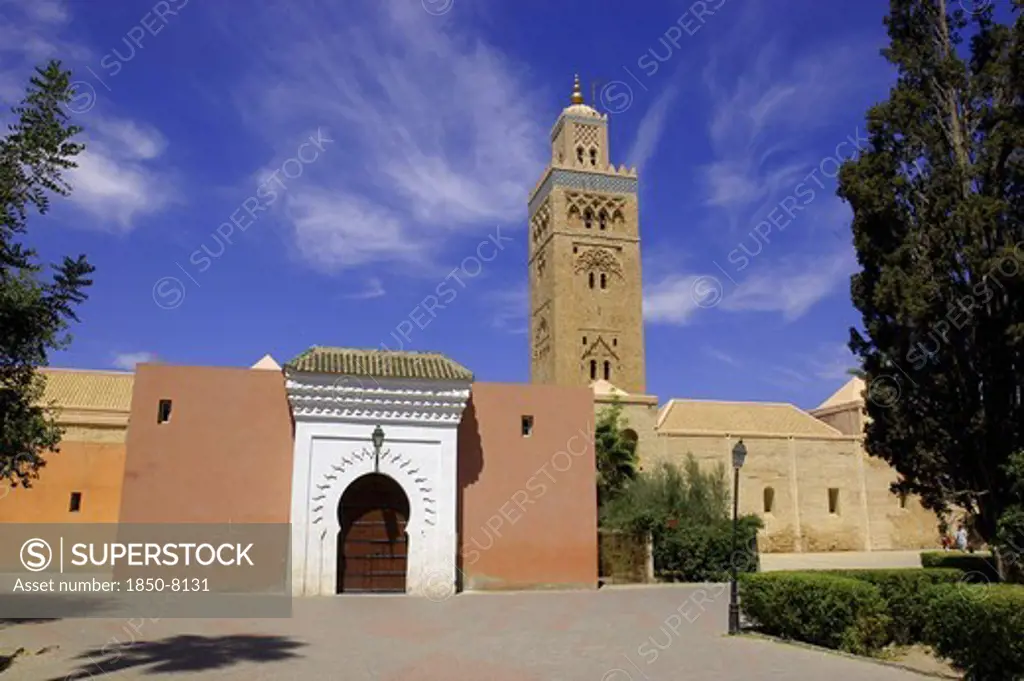 Morocco, Marrakech, Koutoubia Mosque With Entrance Gate And Tower