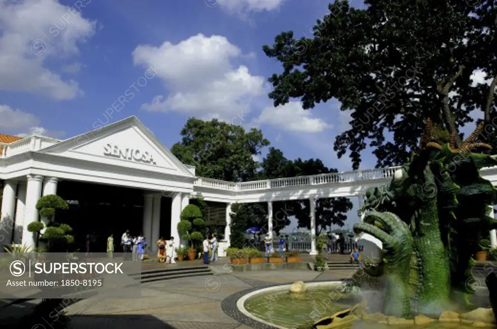 Singapore, Sentosa Island, Green Dragon Statue And White Entrance Gate