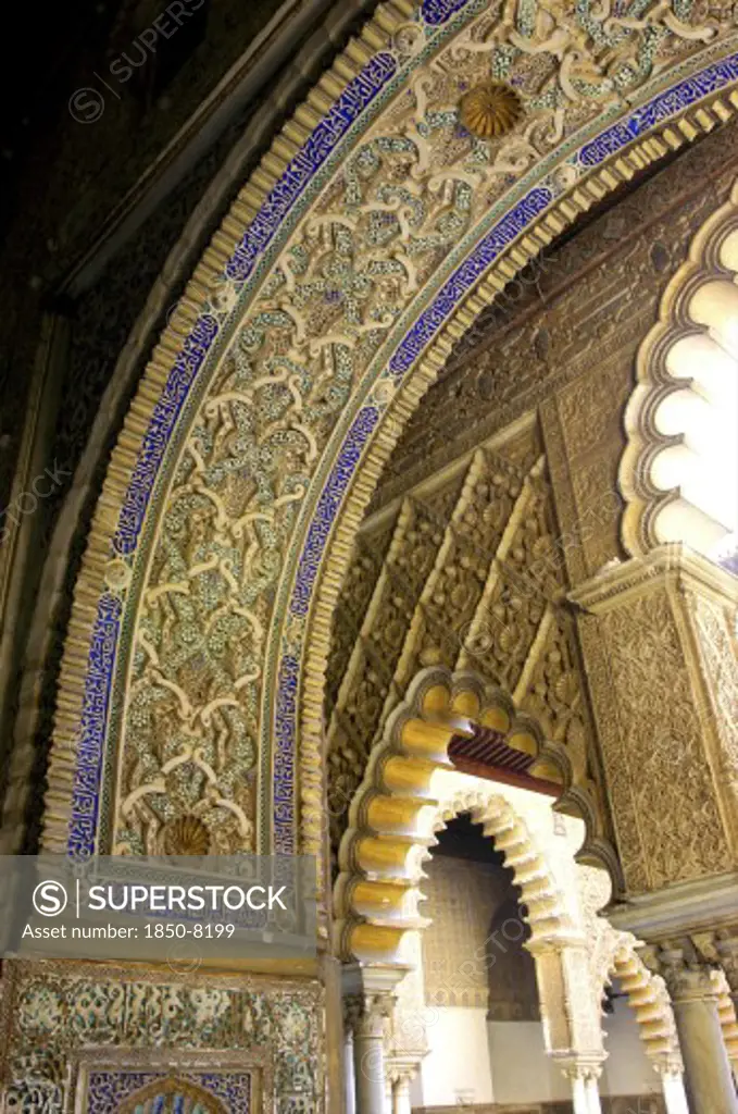Spain, Andalucia, Seville, Santa Cruz District. The Royal Alcazar Archway Detail