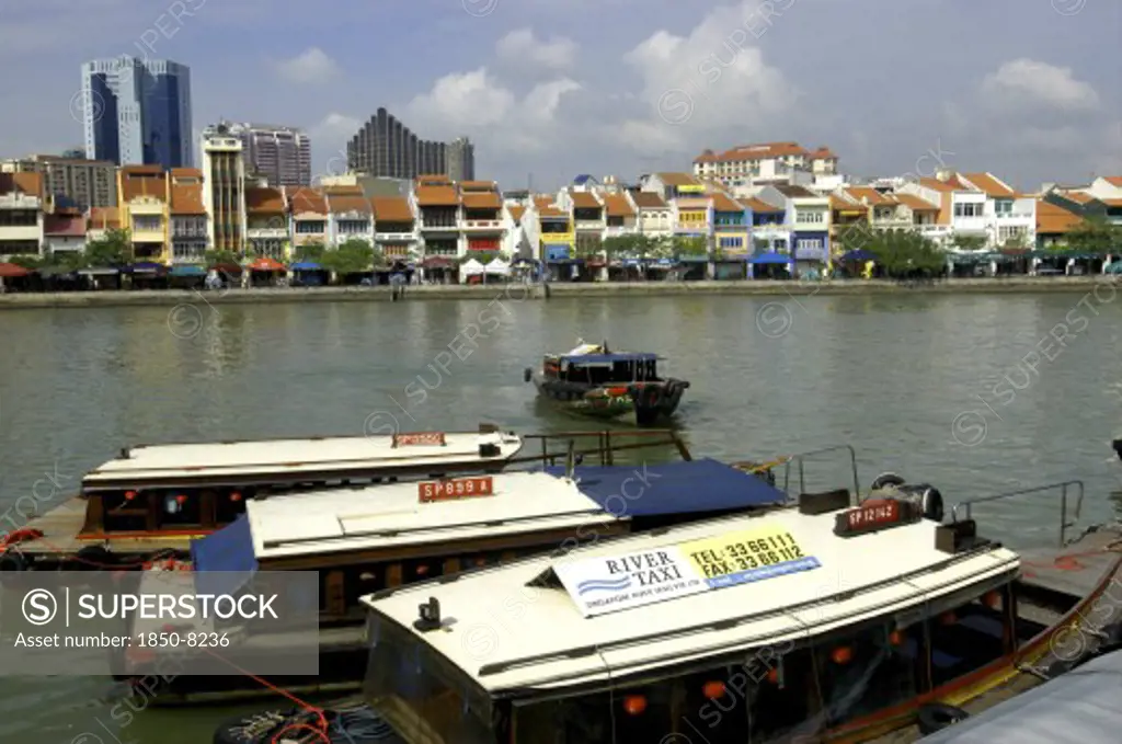 Singapore, General, Three Moored Boats On Singapore River With City Architecture On The Opposite Bank