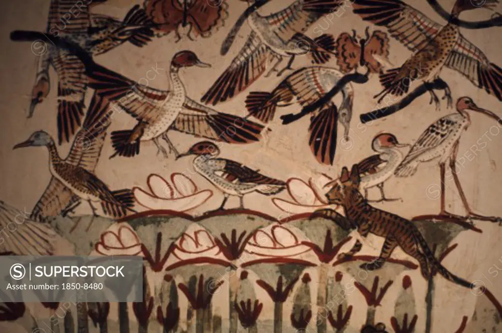 Egypt, Nile Valley, Thebes, Valley Of The Nobles.  Tomb Of Nakht The Scribe And Astronomer Of Tuthmosis Iv.  Detail Of Interior Wall Painting Depicting Birds And Animals.