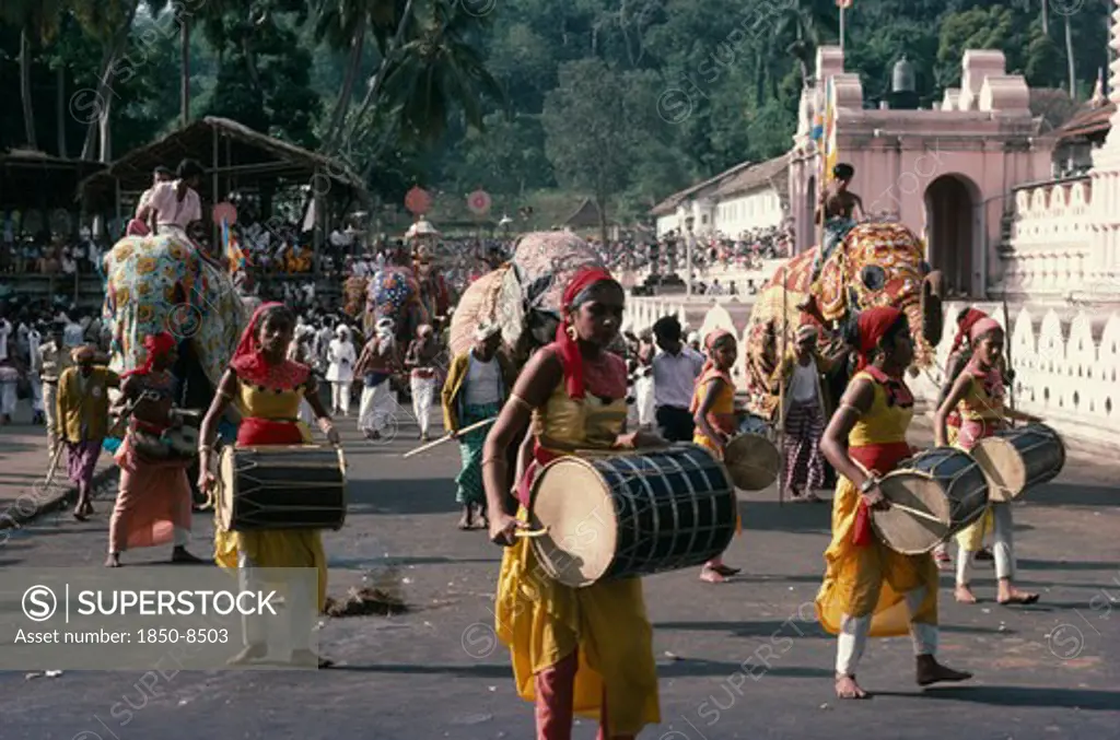 Sri Lanka, Kandy, Festival Procession With Musicians And Elephants