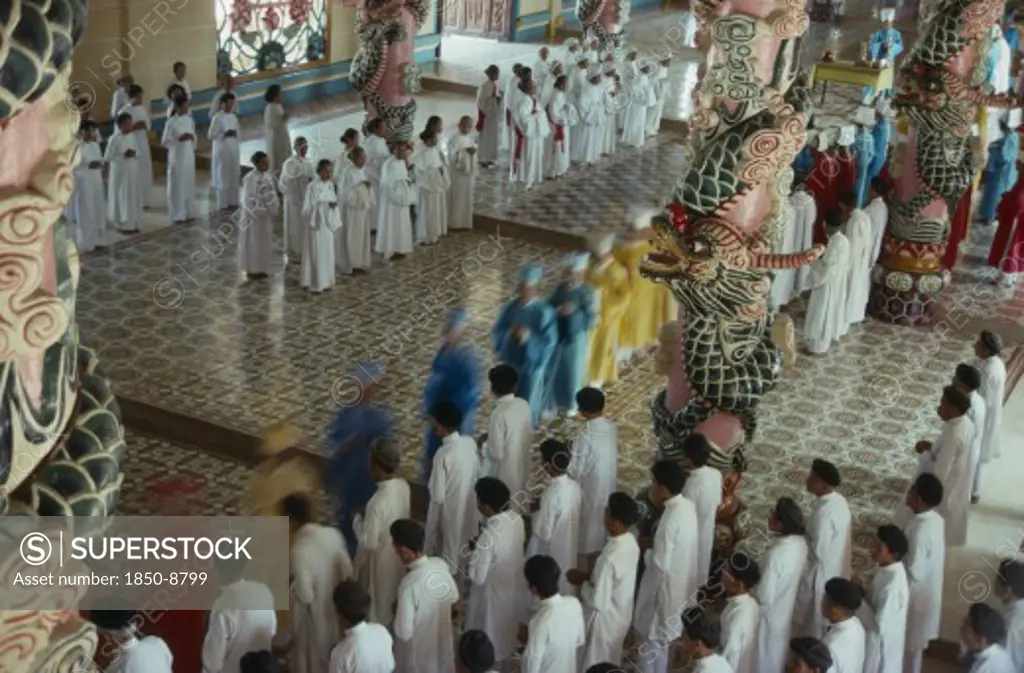 Vietnam, South, Tay Ninh Province, The Cao Dai Holy See Procession Of Priests In The Main Temple