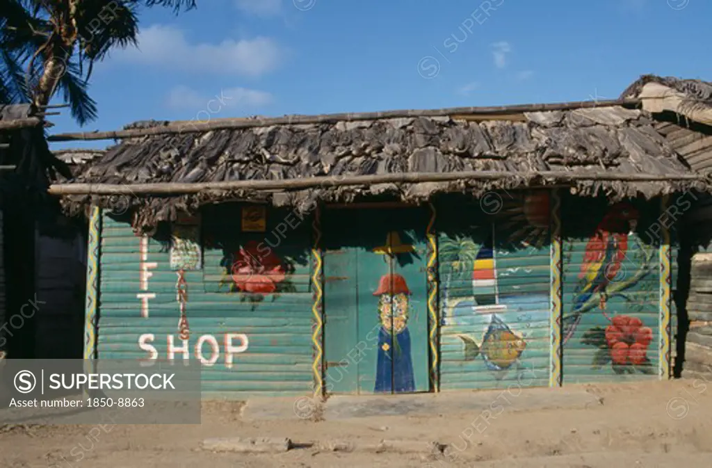 Dominican Republic, Architecture, Green Thatched Roadside Shop With Naive Paintings On It
