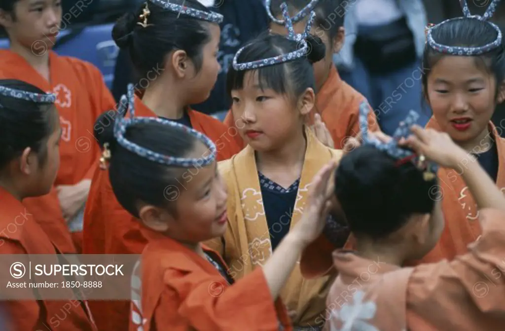Japan, Chiba, Tako, 10-12 Year Old Girls Called Tekomae In Traditional Costume During July Gion Matsuri From Uemachi Neighborhood