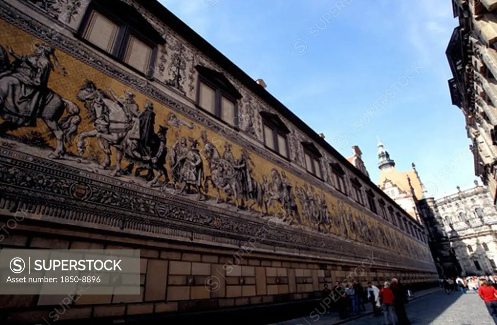 Germany, Sachsen, Dresden, View Along Fursten Zug A Long Elaborate Mural Depicting A Train Of Kings