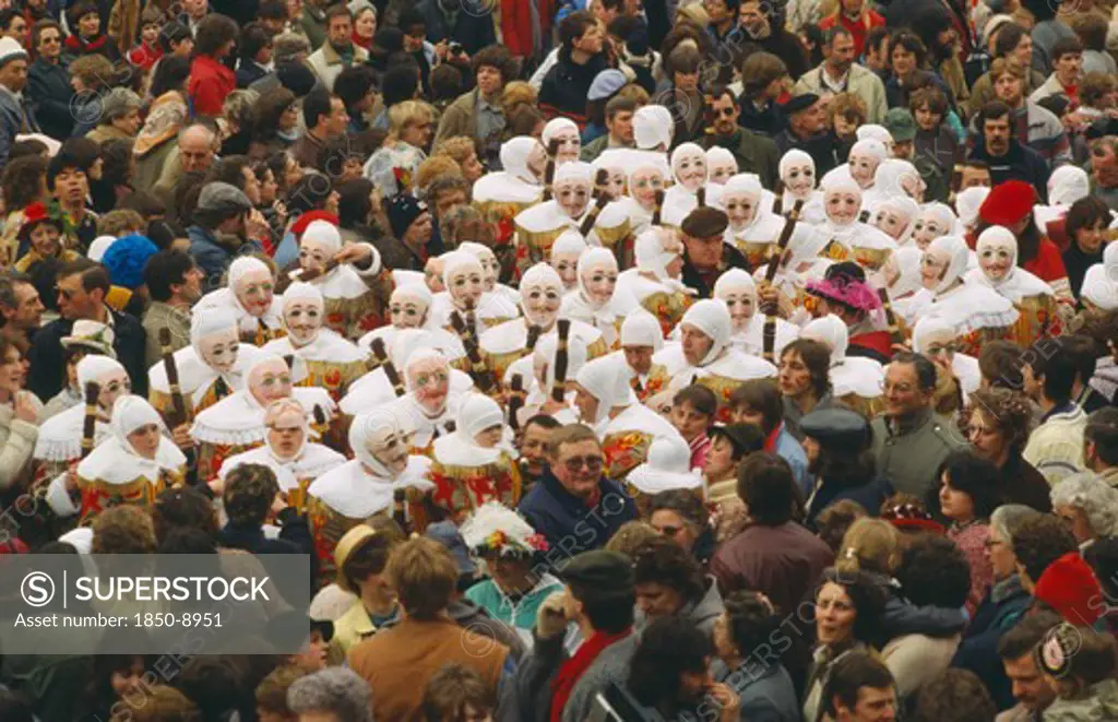 Belgium, Binche, The Gilles In Costume Amongst The Carnival Crowds
