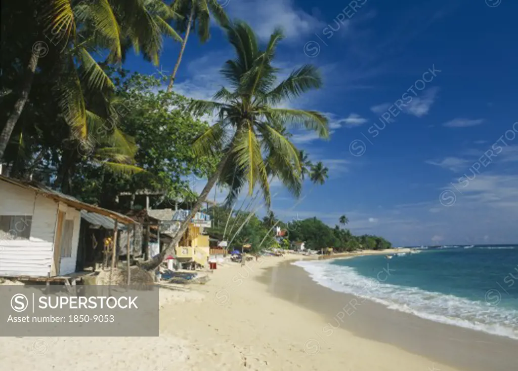 Sri Lanka, Unawatuna, Narrow Sandy Beach Lined With Vegetation And Overhanging Palm Trees With Restaurants Internet Cafe And Other Buildings.