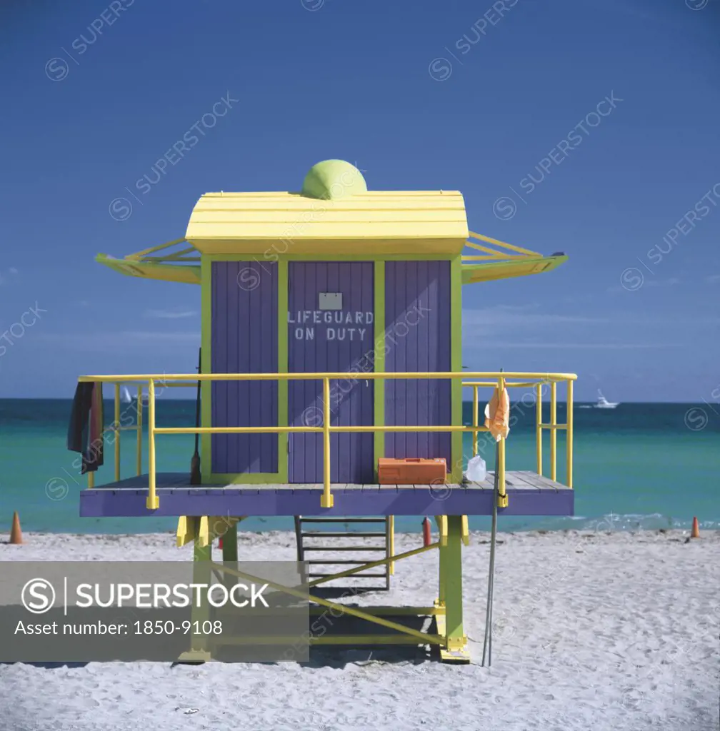 Usa, Florida, Miami, Brightly Coloured Art Deco Style Life Guards Hut On Miami Beach