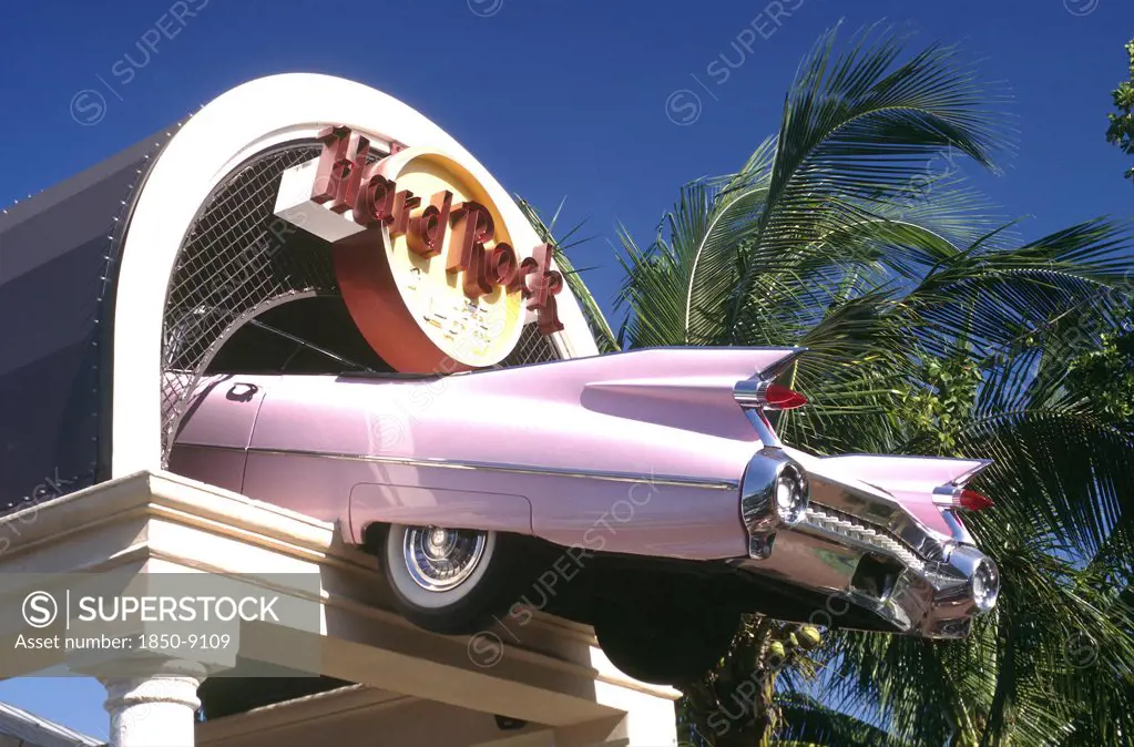 Usa, Florida, Miami, Hard Rock Cafe Sign With Pink Cadillac Feature