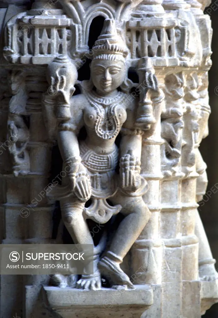 India, Rajasthan, Mt Abu, Decorative Carved Marble Figure At One Of The Dilwara Temples