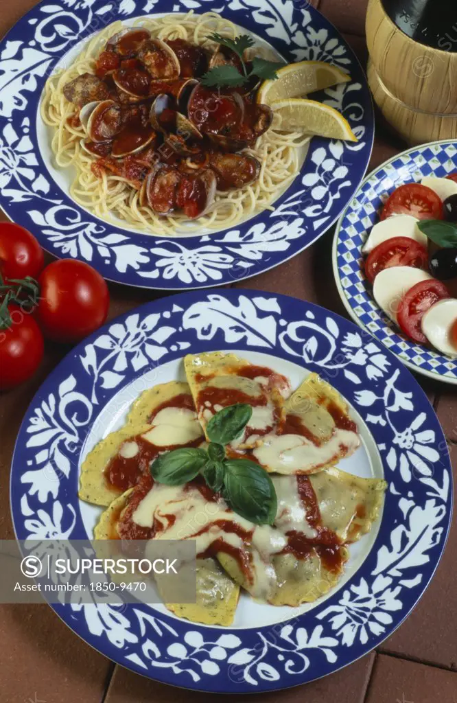 Italy, Food, 'Spaghetti With Clams, Ravioli And Insalata Caprese'