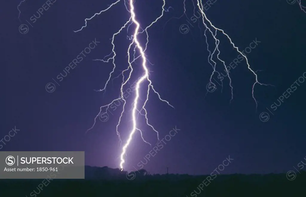 Weather, Rain, Lightning, Fork Lightning In Electric Storm At Night Striking Ground