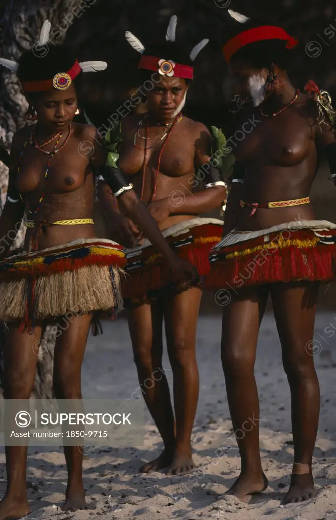 Papua New Guinea, Trobriand Islands, Girls Dressed For Traditional Dance