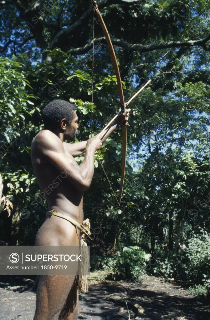 Pacific Islands, Melanesia, Vanuatu, Tanna.  Tribesman Hunting Fruit Bat With Bow And Arrow.