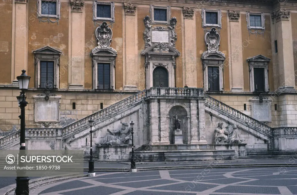 Italy, Lazio, Rome, Piazza Del Campidoglio.  Part View Of Exterior Of The Palazzo Senatorio Or Senators Palace.