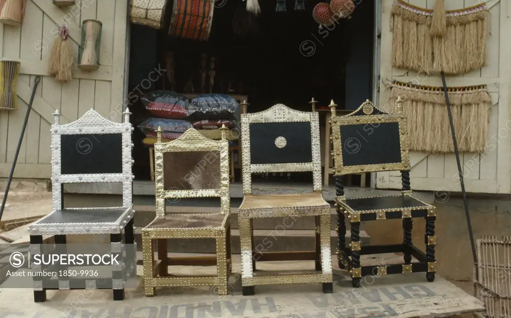 Ghana, Craft, Traditional Ashanti Chairs With Applied Metal Decoration.
